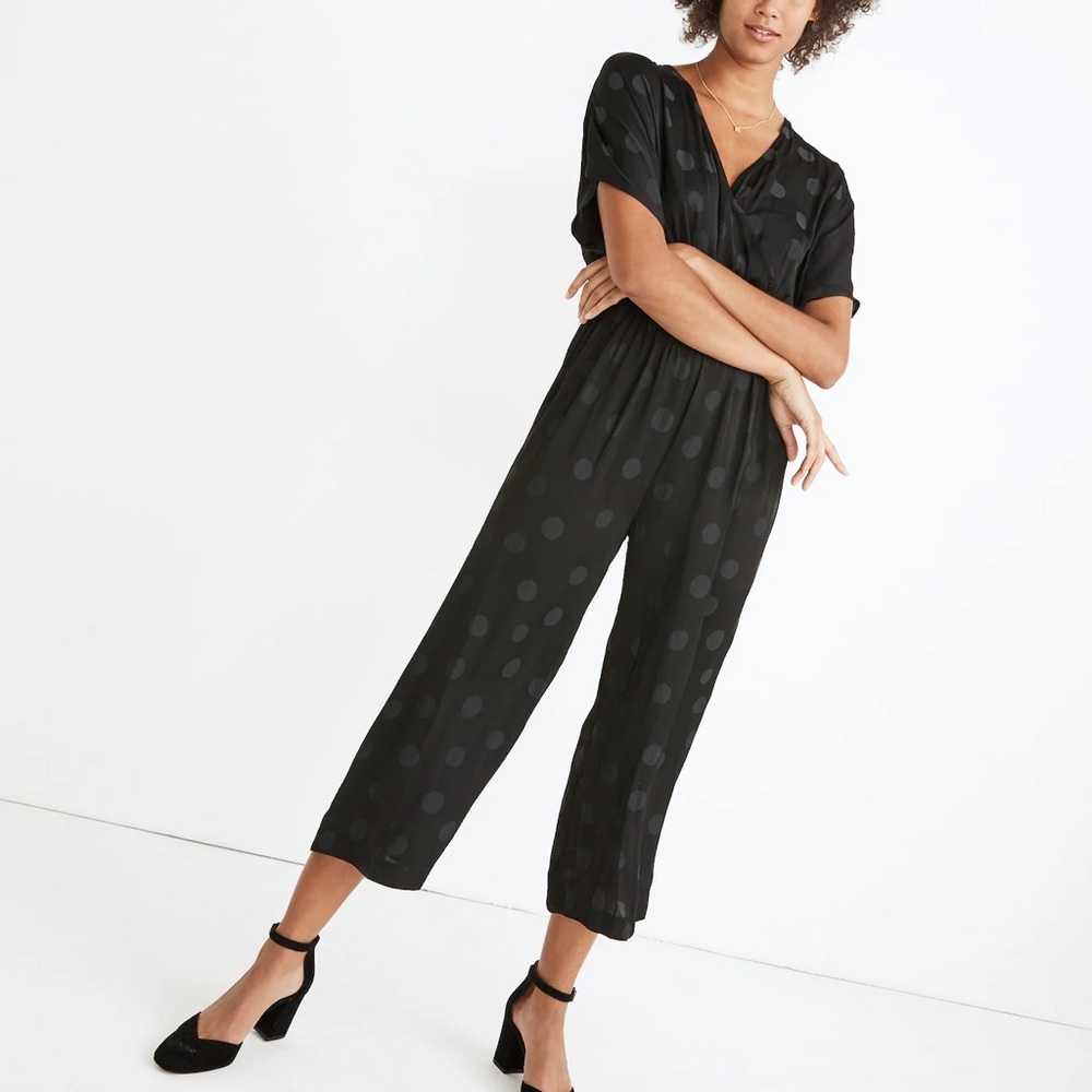Madewell Wrap-Front Smock-Waist Jumpsuit in Dot Jacquard | XS